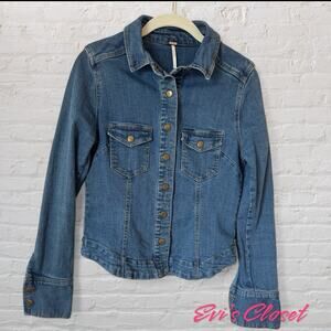 Free People Women's Jeans Shirt Jacket Sz Small Petite Snap Buttons Blue